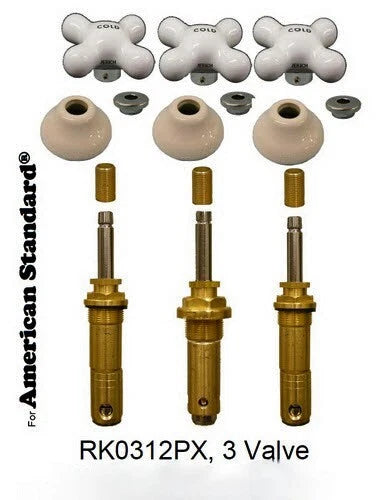AMERICAN STANDARD RENU THREE HANDLE KIT WITH PORCELIAN HANDLES AND FLANGES